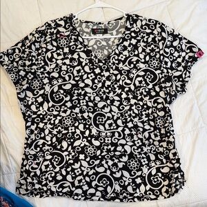 French Bull by KOI Women's Black & White Floral SCRUB TOP